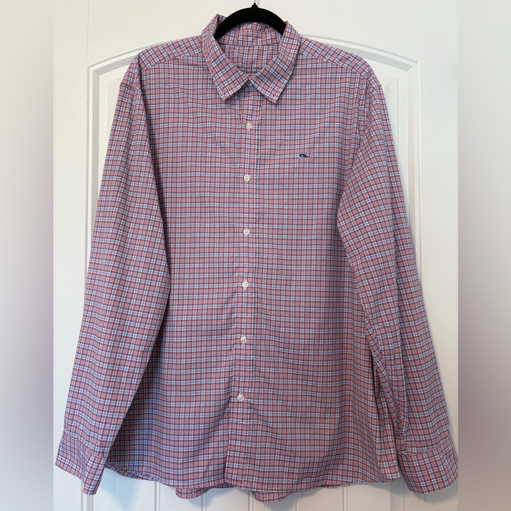 Vineyard Vines Performance Classic Fit Whale Shirt Red Blue Plaid Check Men’s XL